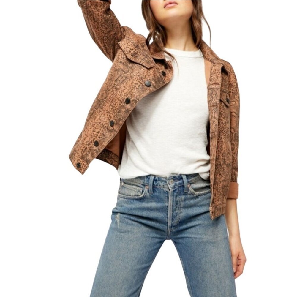 Free People Snake Print Trucker  Jacket Button Closure Pockets Size S - Picture 6 of 13